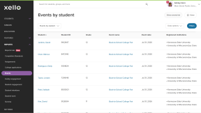 Events by student report. There is a list of students with their ID, grade, the name of the event they registered for, the date of the event, and the registered institutions.